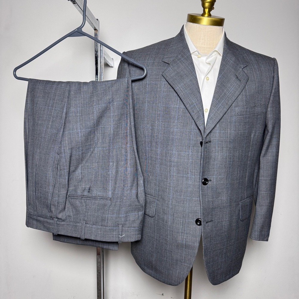 Tom James Suit Mens 44S 34W Gray Glen Plaid Holland & Sherry Wool 3-Button